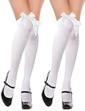 Kiiwah 2 Paar Overknees Strümpfe Damen mit Schleife, Knee High Socks Overknee Socks Thigh High Socks, Lange Overknee Strümpfe (Weiß)