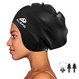 Alepo Extra Large Badekappe Damen Herren, Schwimmkappe Lange Haare Langlebige Silikon mit Ohrschutz, Unisex-Erwachsene Badehaube Bademütze für Dreadlocks Haarverlängerungen Afro Haarwebart(Schwarz)