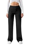Friptspyg Hose Damen Hohe Taille Weite Hose Knopf Gerades Bein Hose Casual Arbeit Hose Stretch Yogahose mit Taschen, Schwarz S