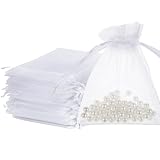 50 Stück Organzasäckchen Weiß 8 x 10cm, Organzabeutel Kleine Säckchen Organza Säckchen Beutel, Mesh Hochzeitsbevorzugung Geschenktüten mit Kordelzug für Schmuck Süßigkeiten Weihnachtsfest Verpackung