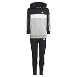 adidas, Essentials 3-Stripes Tiberio, Trainingsanzug, Oben: Schwarz/Weiß/Mittel Grauer Heather Unten: Schwarz/Weiß, 7/8A, Mädchen