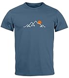 Neverless® Herren T-Shirt Frontprint Line-Art Berge Wandern Natur Outdoor Fashion Streetstyle Denim Blue L