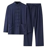 Generisch Herren-Set Baumwolle Leinen, 2-teilig, Kleidung, Hemd, Freizeitset, langärmelig, Hosenset (Navy, XL)