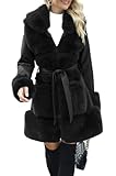 Giolshon Damen Langer Kunstleder Pelzjacke mit Gürtel und Kapuze Motorrad Parka Dicker Sherpa Fleece Oberbekleidung 241 Schwarz M