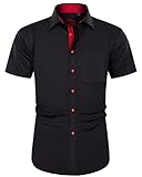 J.VER Herren Hemd Kurzarm Freizeithemd mit Tasche Regular Fit Businesshemd Bügelleichte Oberteile Männer Modern,Schwarz Rot,XL