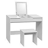WOLTU Schminktisch mit Hocker und klappbar Spiegel, Kosmetiktisch mit Hochglanz Tischplatte 100x45 cm, Schreibtisch Frisierkommode 2 in 1, Weiß, MB6047ws