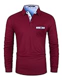 VMSUCIJ Poloshirt Herren Langarm Baumwolle Regular Slim Fit Plaid Denim Golf Polohemd M-3XL,Rot,L