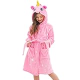 Ceruwum Einhorn Bademantel für Mädchen Weich Fleece Morgenmäntel mit Kapuze (Rosa Sterne, 4-5 Jahre)