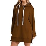 Langer Kapuzenpullover Damen, Damen Hoodie Mit Taschen Wärme Sweatshirt Winder Kapuzenkleid Lockere Passform Fleecepullover Y2K Kapuzenpulli Outdoor Sweatpullover Freizeit Split Hem Longsleeves