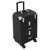 Make up Trolley, Rollkoffer, Nagellack Organizer, Schmuck Reise Kosmetik-Zugkoffer mit 4 Rollen, 03 PU-Leder, Schminkkoffer Eignet Sich für Reise, Friseure, Visagisten, Nageltechniker, Schwarz