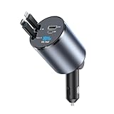 AmazeFan Einziehbares Auto Ladegerät 60W Handy Schnellladegerät,12V USB zigarettenanzünder Adapter mit Lightning und Typ-C Kabel, Kfz Ladegerät USB C Kompatibel mit iPhone/Galaxy/Pixel/Googl-Runden