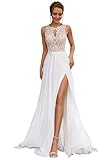 HUINI Brautkleider Lang Spitzen A-Linie Hochzeitskleid Boho Standesamt Brautmode Kleid B-Weiß 42