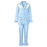 YIzdegg Damen Schlafanzug Lang Revers Zweiteiliger Winter Pyjama Set V-Ausschnitt Langarm Pyjama Set BüNdchen Mit PlüSch Winter Loungewear Weihnachtspyjama Homewear Hose GroßE GrößEn NachtwäSche