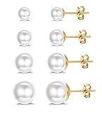 ORAZIO 4 Paar Perlen Ohrstecker Silber 925 Runde Kugelperlen Gemischte Größen 5-10 mm Ohrstecker Hypoallergen Süßwasserperlen Ohrringe Set für Mädchen Frauen