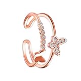 SHERCHPRY Damen Ring Doppel lagiger Schmetterling Strass Besetzt Verstellbar Offener Schmuckring Elegantes Design Geschenkidee Rosa Gold