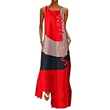 Petalum Sommerkleid, lang, Baumwolle, Leinen, sexy, Damen, Abendkleid, Vintage, bedruckt, große Größe, bequem, Boho, ärmellos, mit Farbblock, für Cocktail, rot, 40