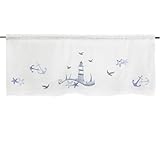 Delindo Lifestyle Scheibengardine Leuchtturm-Motiv, Moderne und transparente Bistrogardine, weiß-blau, für Küche und Bad, 45x115 cm