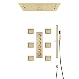 HIDEEP Duschsystem mit Thermostat, Musik Duschsystem Unterputz 64 Farben LED Duschset Gebürstetes Gold Dusche Regendusche Set mit 700 * 405 mm 3 Funktionen Duschkopf, 6pcs Massage Seite Spray