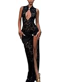 Sukiglam Damen Kleider Sexy Transparente Spitzenkleid Elegant Ärmelloses Langes Kleid Cut-Outs Figurbetontes Maxikleid mit Hochschlitz Bodycon Partykleid Cocktailkleid Ballkleid Hochzeitsgast Kleider