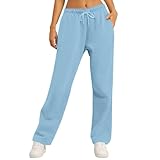 Jogginghose Damen Lang mit Weitem Bein Leicht Loose Fit Solid Color Freizeithose Hohe Taille Sporthose Trainingshose Warme Herbst Winterhose Sweatpants mit Taschen Blau XXL