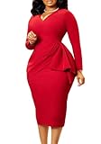 NRTHYE Elegantes Damenkleid, Kirchenkleid, langärmelig, V-Ausschnitt, plissiert, Schößchen, Midi-Kleid, figurbetontes Arbeitskleid, Bleistift-Etuikleid, 00 Rot, XX-Large