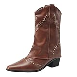 Generisch Mid-Calf-Stiefel Für Damen Mit Absatz,Western Cowboy Stiefel Mitte Wade Damen Hohe Schwarz,Frühling Winter Retro V-Ausschnitt,Einfarbig Rutschfesten Blockabsatz