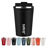 SUNTQ Kaffeebecher to go aus Edelstahl - Thermobecher Doppelwand Isoliert - Kaffeetasse mit Auslaufsicherem Deckel Wiederverwendbar (Schwarz, 380ml)