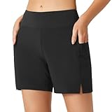 ACWOO Damen Badeshorts Schwimmen,Damen Badeshorts Bauchkontrolle, Schwimmshorts Schnell Trocknend,Bikini Shorts High Waisted Trunks mit Taschen, Sommer Sport Gym Shorts kühles, schnell Schwarz (M)