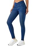 LaiEr Damen V Crossover Skinny Jeans Hohe Taille Bauchkontrolle Casual Fitness Leggings, Weich und elastisch Casual Faux Denim Print mit Seitentaschen(DarkBlue,L)