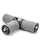 lionto 3-Wege Katzentunnel mit Spielball, 30x120x80 cm, Faltbarer erweiterbarer Spieltunnel aus pflegeleichtem Faux-Linen-Material für Katzen, Robustes Katzenspielzeug, 30 cm Durchmesser