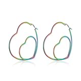 Creolen für Damen, Regenbogen-Ohrringe mit großem Herzen, Edelstahl, doppelte Liebe, Statement-Ohrringe, Modeschmuck, Statement-Ohrringe, große geometrische Ohrringe, Einheitsgröße, Edelstahl, kein
