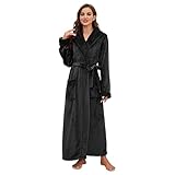 HEARTNICE Langer Bademantel Damen Fleece, Weiche Plüsch Morgenmantel für Frauen Warme Bademäntel Kuscheliger Hausmantel in voller Länge (Schwarz, L/XL)