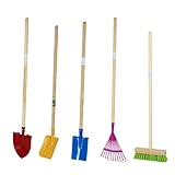 Rekord Kinder Gartengeräte Set 5-teilig (Schaufel (Gelb), Spitzspaten (Rot), Spaten (Blau), Besen (Grün), Laubbesen (Lila)- Metall - Holz-Stiel (76cm) Gartenspielzeug, Gartenset, Kinder-Gartenwerkzeug