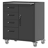BIZOEIRON Metall-Lagerschrank mit Rädern, Garagen-Lagerschrank mit 1 Tür und 4 Schubladen, Rollender Werkzeuglagerschrank, Montage Erforderlich, Schwarz