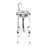 Freistehende Edelstahl Spültisch 1 Becken, Mobiles Ausgussbecken Spülbecken mit Wasserhahn mit Kalt und Warmwasserschläuchen für Küche, Restaurant, Bar, 38x33x83cm, Silber