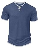 Hisir T-Shirts Für Herren Henley Sommer Kurzarm mit Rundhals Tshirt Herren Lässige Klassische Slim Fit Basic-Oberteile (Blau Grau, L)