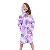 Piefry Weicher Bademantel mit Kapuze für Mädchen Fleece Morgenmantel Nachtwäsche Kinder (Violettes Einhorn, 8-9 Jahre)