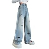 Generisch Jeans Mädchen Baggy Jeans Mädchen Weites Bein Jeanshose mit Gummizug Wide Leg Outdoorhose Breite Hose High Waist Freizeithose Pants Girls Mode Hosen für Kinder 5-13 Jahre Frühling Sommer