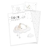 Arle-Living 3 TLG. Baby Renforcé Bettwäsche Set mit Wende Motiv: schlafendes Bärchen - 100x135 cm + 40x60 cm + 1 Spannbettlaken 70x140 cm (Renforcé)
