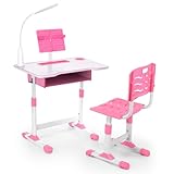 Oyajia Kinderschreibtisch Set mit Bücherständer & LED-Licht, höhenverstellbarer Kindertisch und Stuhl mit Tischplatte & Schublade, Kinder Schreibtisch für Jungs & Mädchen (Rosa)