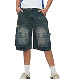CUTEGAL Star Jorts Unisex-Jorts, mittelhohe Taille, dehnbar, Patchwork-Denim-Shorts, weites Bein, Baggy-Jeans, Herren, Y2K-Hose, F, Klein