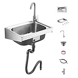 304 Edelstahl-Handspüle, Wandmontage, Einzelbecken, Küchenspüle mit Schwanenhals-Wasserhahn, kleines dickes Hänge-Waschbecken für Garten, Restaurant, Waschküche, Hinterhof, Einzelkalthahn, 38 x 32 cm