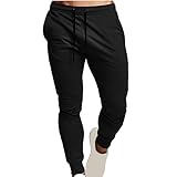Herren Baumwolle Sport Kordelzug Taschen Hose - Leichte Laufhose mit Stretch-Passform für Training, Gym & Casual Everyday Wear - Einfarbig, Schwarz , L