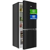 CHIQ Freistehender Kühlschrank mit Gefrierfach | Kühl-Gefrierkombination 114 cm Höhe, 47 cm Breit, 117L| 4 Sterne Gefrieren -24℃ | LED Litcht | Dunkler Edelstahl Look, for Eigentumswohnungen