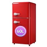 DRIXNO Retro-Kühlschrank Rot Gefrierkombination. 86,8 cm hoch, 45,5 cm breit, zweitürig, mit 60 Liter Gesamtvolumen, 22 Liter Gefriervolumen. 163 kWh/Jahr, -27°C ∽ 13°C, LED-Licht