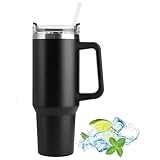 40 oz Thermobecher mit Strohhalm und Henkel, Doppelwandiger Edelstahl Vakuum Isolierbecher mit Deckel, Autobecher Becher Tumbler Thermobecher Kaffeebecher für Heißer und Kalter Getränke - Schwarz