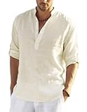 COOFANDY Leinenhemd Herren Hemd Sommer Regular Fit Leinen Sommer Freizeithemd Strand Casual Henley Fischerhemd Beige L