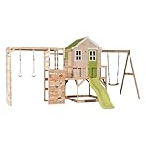 Wendi Toys M24L-G Kinderspielhaus Outdoor mit Rutsche, Schaukel & Kletterwand, 342 x 508 x 242 cm, Grün – Holz Stelzenhaus für Kinder, Outdoor-Klettergerüst, Stelzenhaus Kinder Outdoor