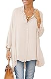 Cicy Bell Damen Bluse Oversized Langarm Button Down Hemdbluse V-Ausschnitt Sommer Satin T-Shirt Elegant Oberteile Shirt Einfarbig Casual Tops Beige L