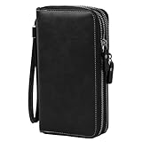 Wisebom Leder Geldbörse Große, PU Leder Geldbeutel Vintage Lang Portemonnaie mit 14 Kartenfächer RFID Schutz, Leder Portmonee mit 2 Reißverschluss und Handschlaufe Unisex (Schwarz)